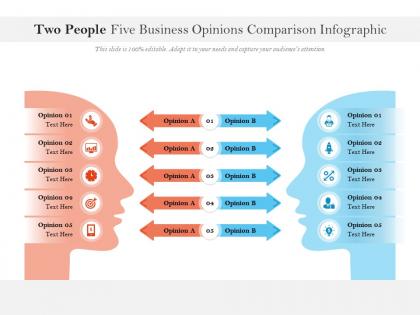 Two people five business opinions comparison infographic
