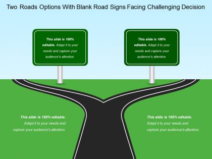 Two roads options with blank road signs facing challenging decision