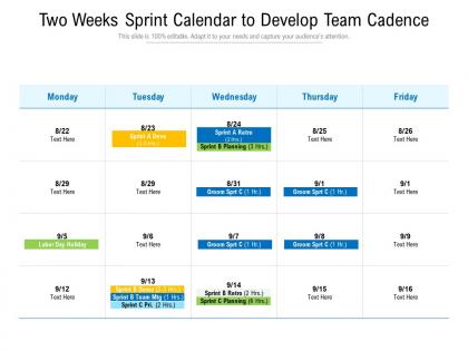 Two weeks sprint calendar to develop team cadence