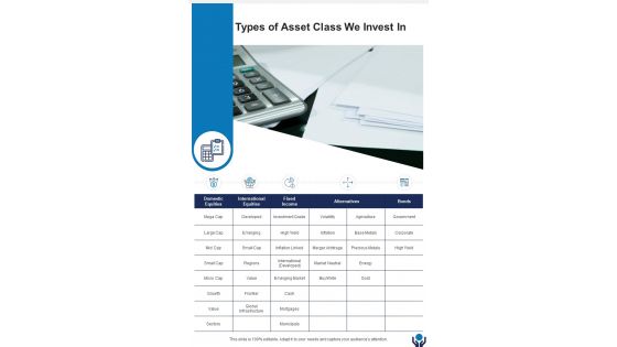 Types Of Asset Class We Invest In Investment Advice Proposal One Pager Sample Example Document