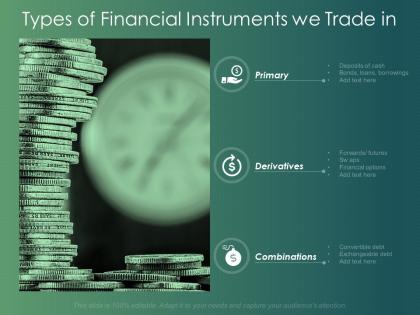 Types of financial instruments we trade in primary ppt powerpoint presentation infographics