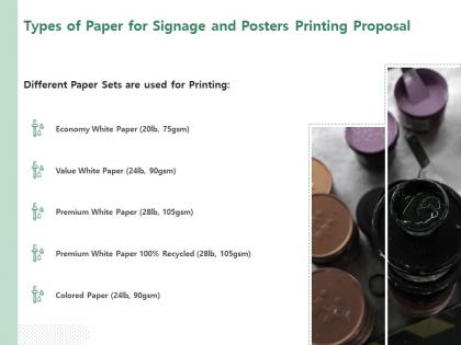 Types of paper for signage and posters printing proposal ppt powerpoint presentation slides