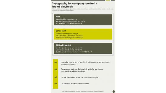 Typography For Company Content Brand Playbook One Pager Sample Example Document