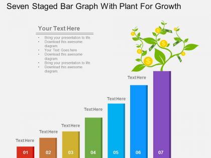 Um seven staged bar graph with plant for growth flat powerpoint design