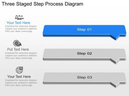 Un three staged step process diagram powerpoint template slide