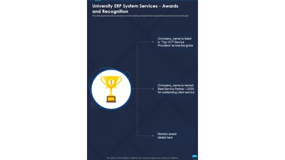 University ERP System Services Awards And Recognition One Pager Sample Example Document