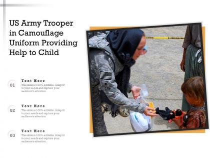 Us army trooper in camouflage uniform providing help to child