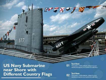 Us navy submarine near shore with different country flags