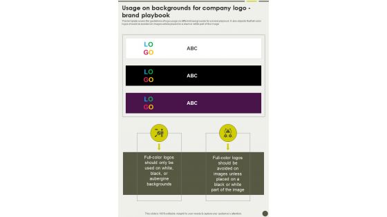 Usage On Backgrounds For Company Logo Brand Playbook One Pager Sample Example Document