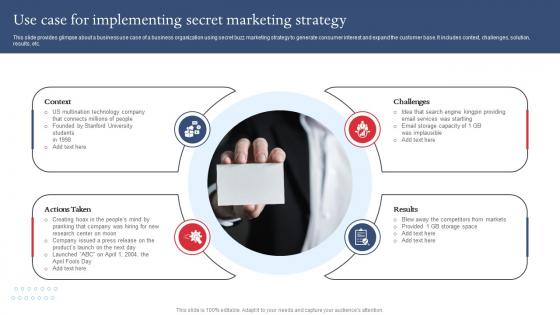 Use Case For Implementing Secret Marketing Strategy Strategies For Adopting Buzz Marketing MKT SS V