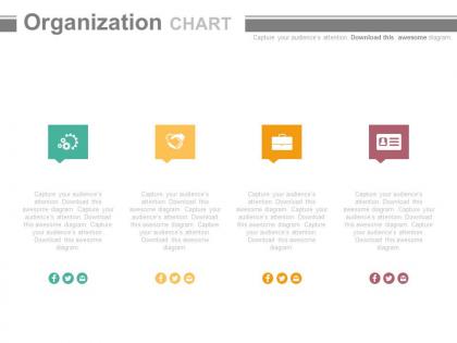 Use four text boxes and icons organizational chart flat powerpoint design