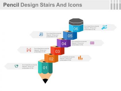 Use six staged pencil design stairs and icons flat powerpoint design