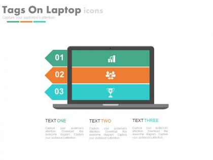 Use three staged tags on laptop and icons flat powerpoint design