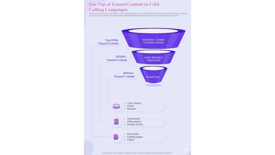 Use Top Of Funnel Content In Cold Calling Campaigns One Pager Sample Example Document