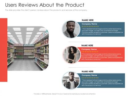 Users reviews about the product investment pitch presentations raise ppt show diagrams