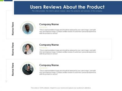 Users reviews about the product pitch deck raise funding post ipo market ppt layouts skills
