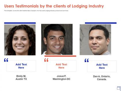 Users testimonials by the clients of lodging industry lodging industry ppt elements
