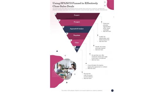 Using SPANCO Funnel To Effectively Close Sales Deals One Pager Sample Example Document