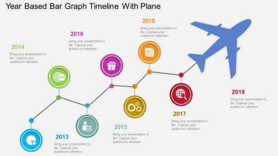 Uw year based bar graph timeline with plane flat powerpoint design