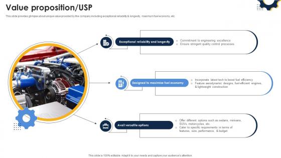 Value Proposition USP Automobile Manufacturing Firm Investor Funding