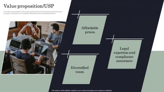 Value Proposition USP Legal And Funeral Service Company Investor Funding Elevator Pitch Deck