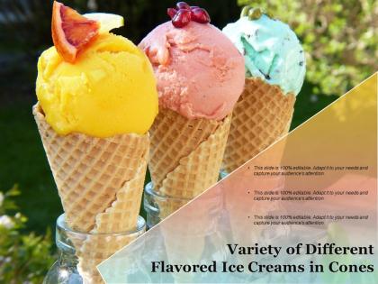 Variety of different flavored ice creams in cones