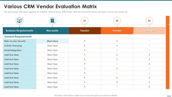 Various Crm Vendor Evaluation Matrix Crm Digital Transformation Toolkit