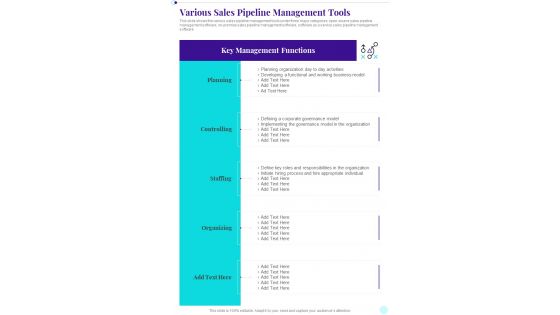 Various Sales Pipeline Management Tools Business Playbook One Pager Sample Example Document