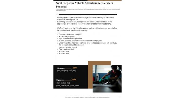 Vehicle Maintenance Services Proposal For Next Steps One Pager Sample Example Document