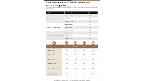 Vehicle Maintenance Services Proposal For Your Investment One Pager Sample Example Document