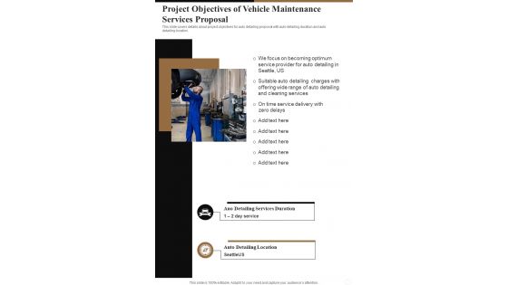 Vehicle Maintenance Services Proposal Of Project Objectives One Pager Sample Example Document
