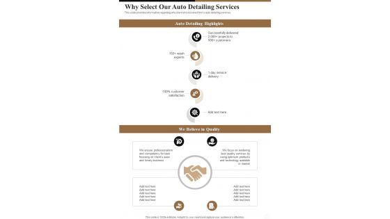 Vehicle Maintenance Why Select Our Auto Detailing Services One Pager Sample Example Document