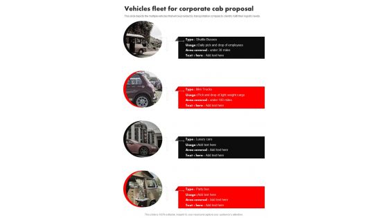 Vehicles Fleet For Corporate Cab Proposal One Pager Sample Example Document