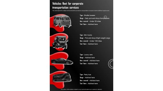 Vehicles Fleet For Corporate Proposal To Hire Corporate One Pager Sample Example Document
