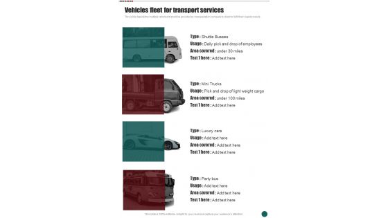 Vehicles Fleet For Transport Services Business Proposal For Transport One Pager Sample Example Document