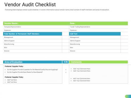 Vendor audit checklist standardizing supplier performance management process ppt sample