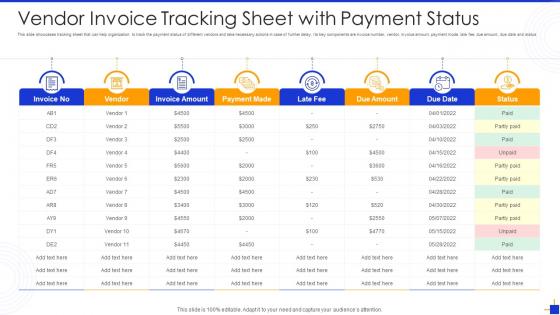 Vendor invoice tracking sheet with payment status