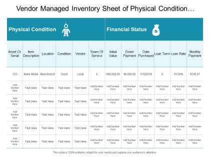 Vendor managed inventory sheet of physical condition and financial status