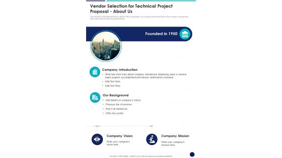 Vendor Selection For Technical Project Proposal About Us One Pager Sample Example Document