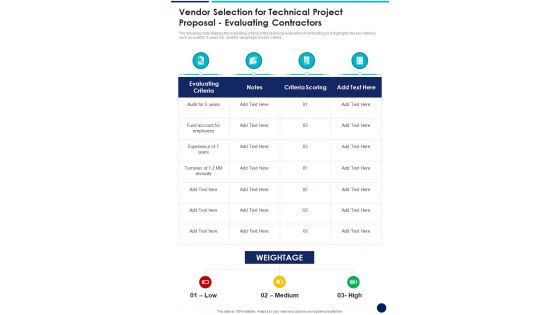 Vendor Selection For Technical Project Proposal Evaluating Contractors One Pager Sample Example Document