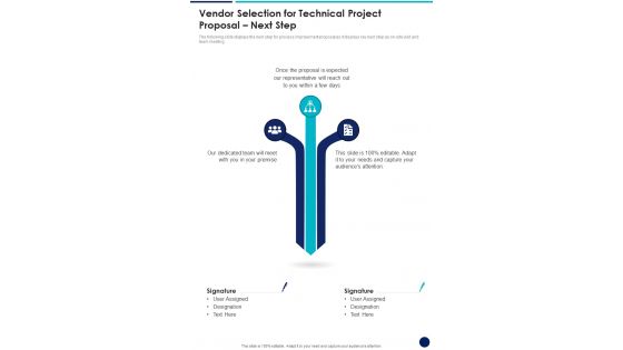 Vendor Selection For Technical Project Proposal Next Step One Pager Sample Example Document