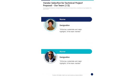 Vendor Selection For Technical Project Proposal Our Team One Pager Sample Example Document