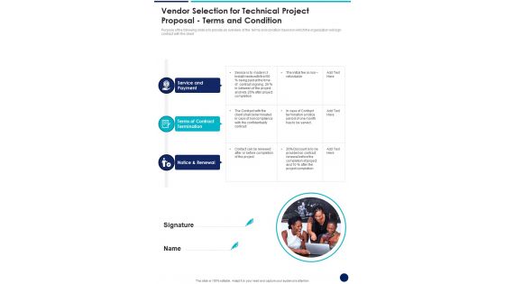 Vendor Selection For Technical Project Proposal Terms And Condition One Pager Sample Example Document