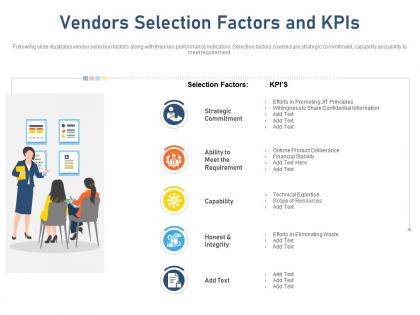 Vendors selection factors and kpis standardizing vendor performance management process ppt show