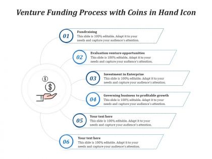 Venture funding process with coins in hand icon