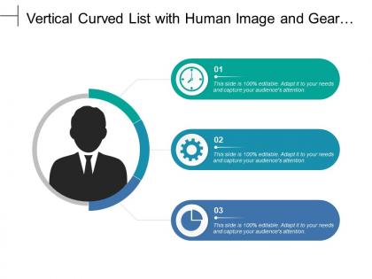 Vertical curved list with human image and gear pie chart text boxes