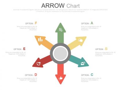 View six colored arrows chart and icons for business flat powerpoint design