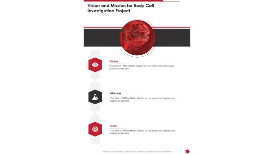 Vision And Mission For Body Cell Investigation Project One Pager Sample Example Document
