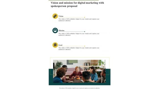 Vision And Mission For Digital Marketing With Spokesperson Proposal One Pager Sample Example Document