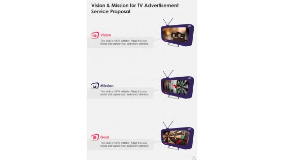 Vision And Mission For Tv Advertisement Service Proposal One Pager Sample Example Document